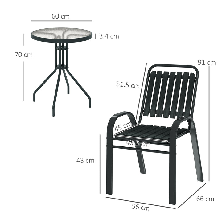 3 Pieces Patio Bistro Set with Stackable Chairs, Tempered Glass Table, for Outdoor, Balcony, Patio, Garden Charcoal Grey