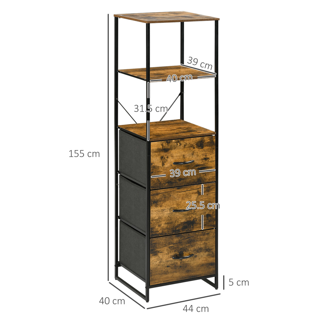 HOMCOM Industrial-Style Bookshelf, Tall Bookcase w/ 2 Open Shelves & 3 Foldable Fabric Drawers, Multifunctional Storage Unit, Rustic Brown | Aosom UK