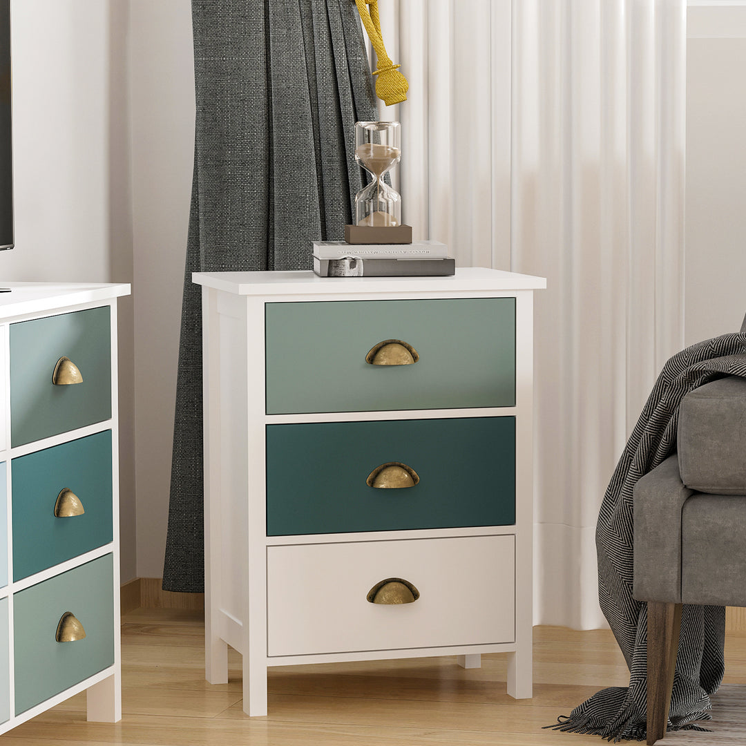 Bedside Table Set of 2 Chest of 3 Drawers Shabby Chic Nightstands with Metal Handle Sofa Side Table for Living Room, Bedroom,Grey and blue