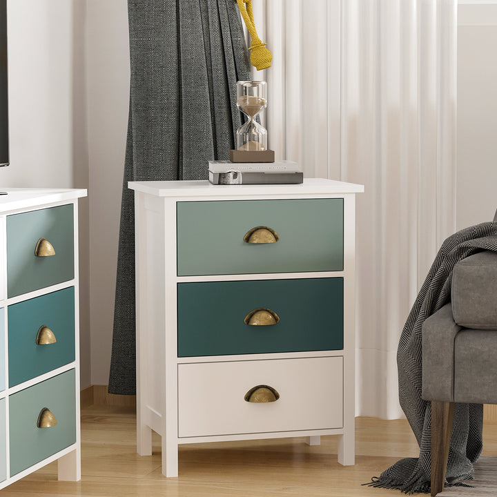 Bedside Table Set of 2 Chest of 3 Drawers Shabby Chic Nightstands with Metal Handle Sofa Side Table for Living Room, Bedroom,Grey and blue