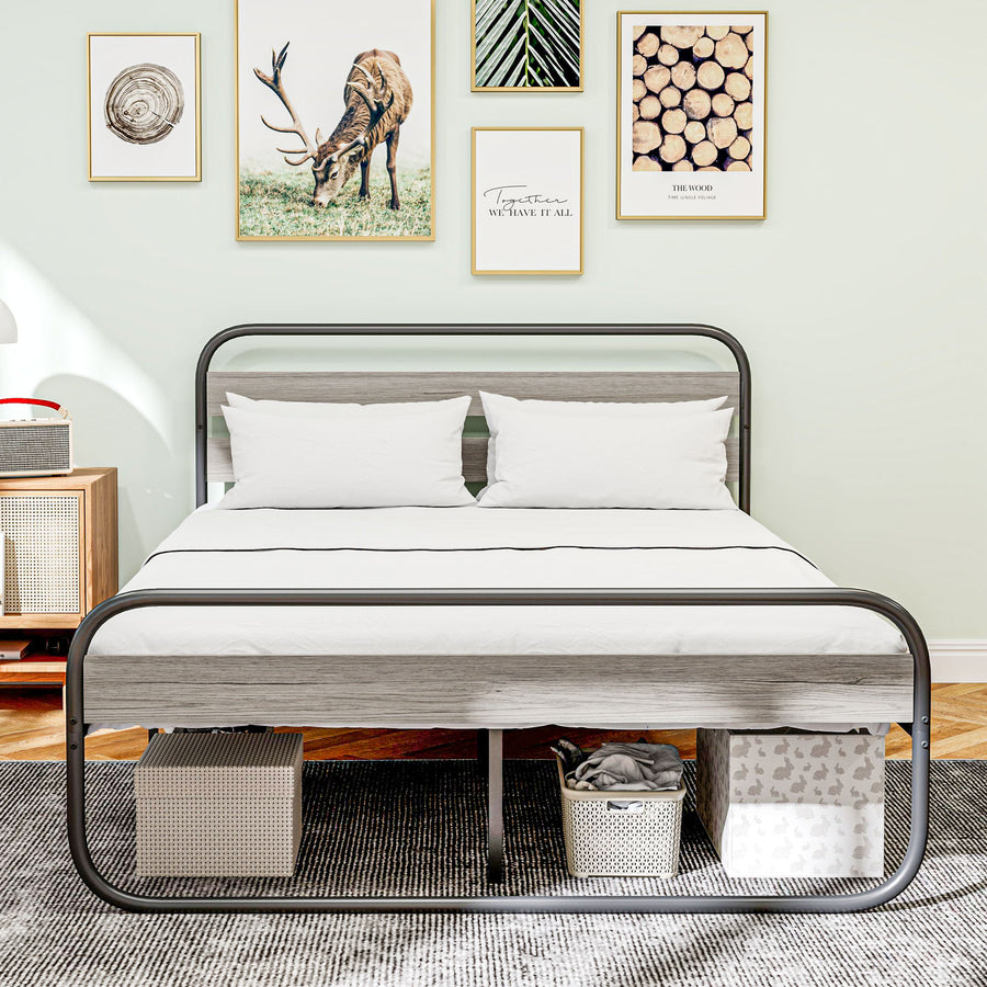 4ft6 Double Bed Frame, Industrial Style Metal Platform Bed Frame with Under Bed Storage, No Box Spring Needed, Easy Assembly, Grey