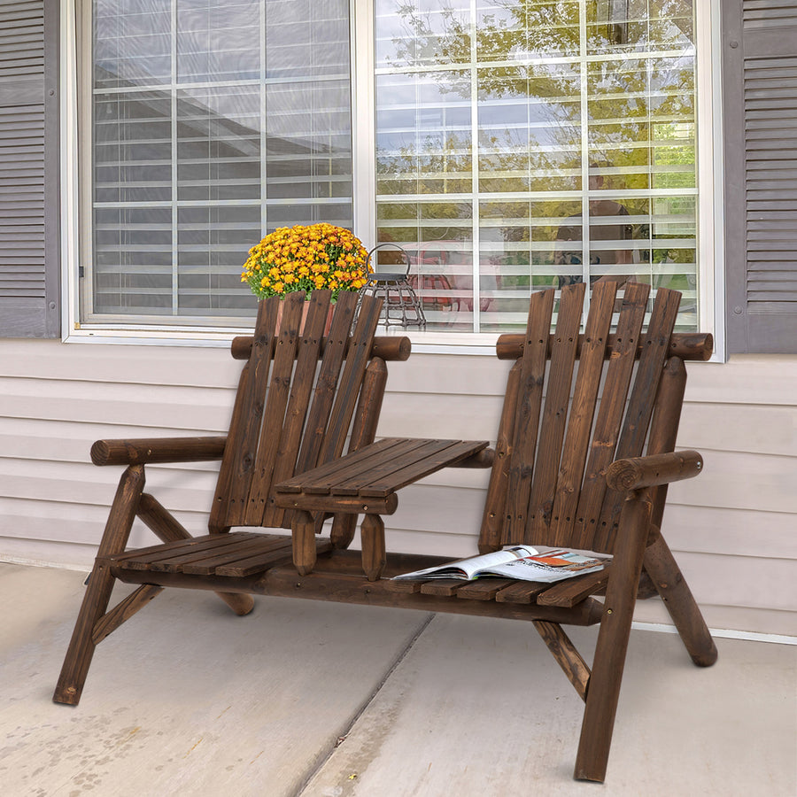Wood Patio Chair Bench 2 Seats Jack and Jill Seat w/ Center Coffee Table, Garden Bench, Carbonized