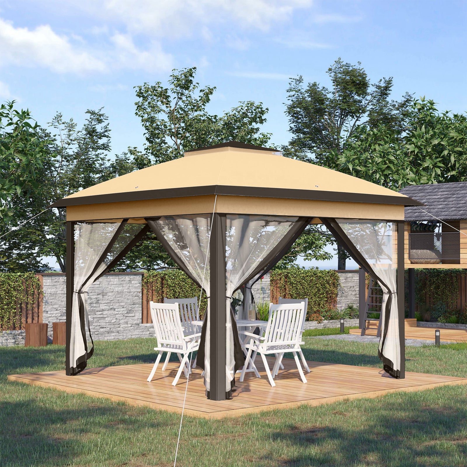 3.3 x 3.3m Pop Up Gazebo, Double Roof Foldable Canopy Tent with Zipped Mesh Sidewalls, Height Adjustable and Carrying Bag, Event Tent for Patio Garden, Beige