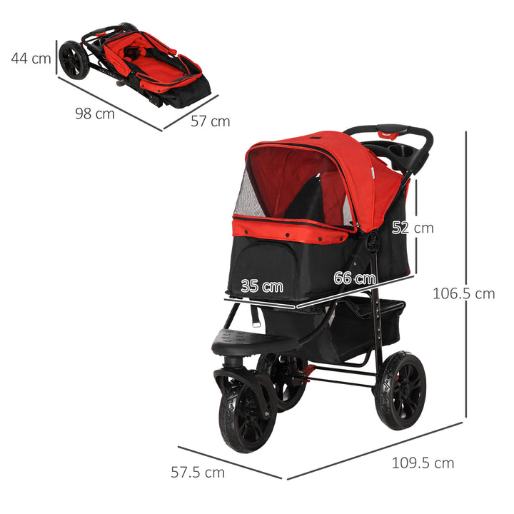 Dog Stroller Foldable Pet Pram, 3 Wheels Dog Pushchair with Brake, for Small Miniature Breeds, Cats, Red