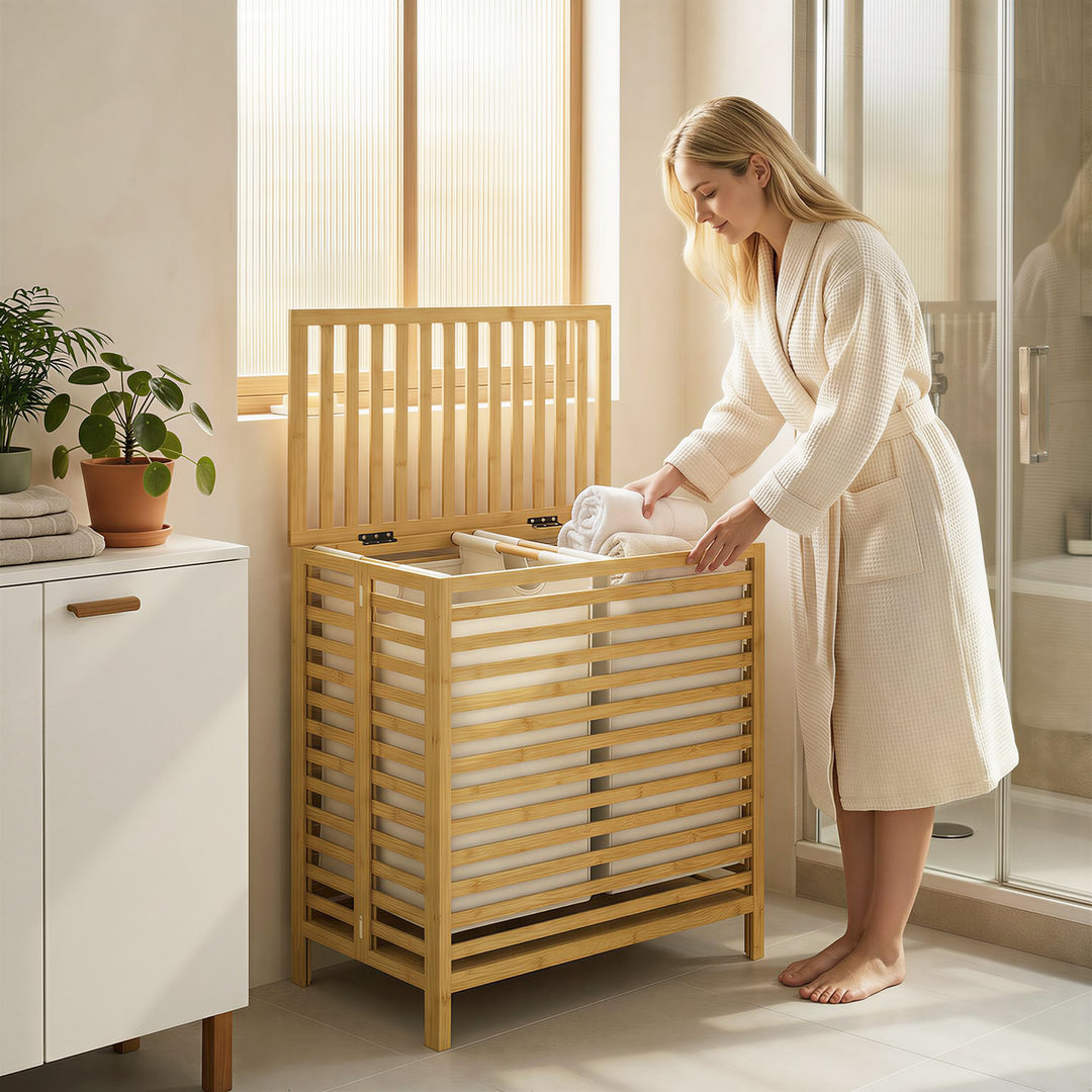 Bamboo Laundry Basket with Lid, 2 Baskets, Foldable, 64L, Natural and 