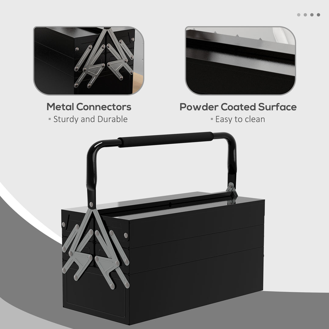 3 Tier Metal Toolbox, 5 Tray Professional Portable Tool Box with Carry Handle for Workshop, 45cmx20cmx34.5cm, Black