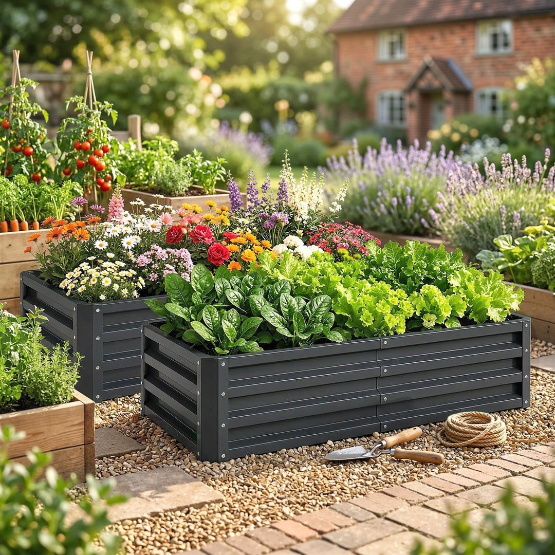 Set of 2 Raised Beds for Garden, Galvanised Outdoor Planters for Herbs
