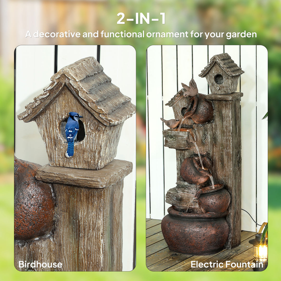 2-in-1 Waterfall Fountain with Birdhouse, Resin Garden Water Fountain with LED Lights Pump, Cascading Garden Water Feature with Tree Trunk Design, Multi-colour