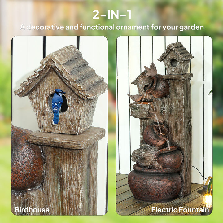 2-in-1 Waterfall Fountain with Birdhouse, Resin Garden Water Fountain with LED Lights Pump, Cascading Garden Water Feature with Tree Trunk Design, Multi-colour