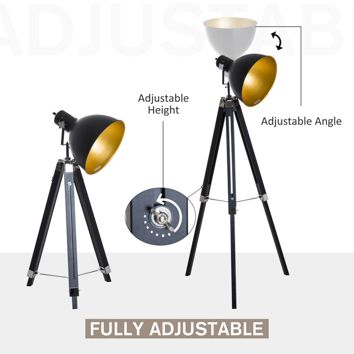 MCL Tripod Floor Lamp, Spotlight Reading Lamp w/ Adjustable Height, Angle, Wood Legs for Living Room, Bedroom, Home, Office, Black and Gold