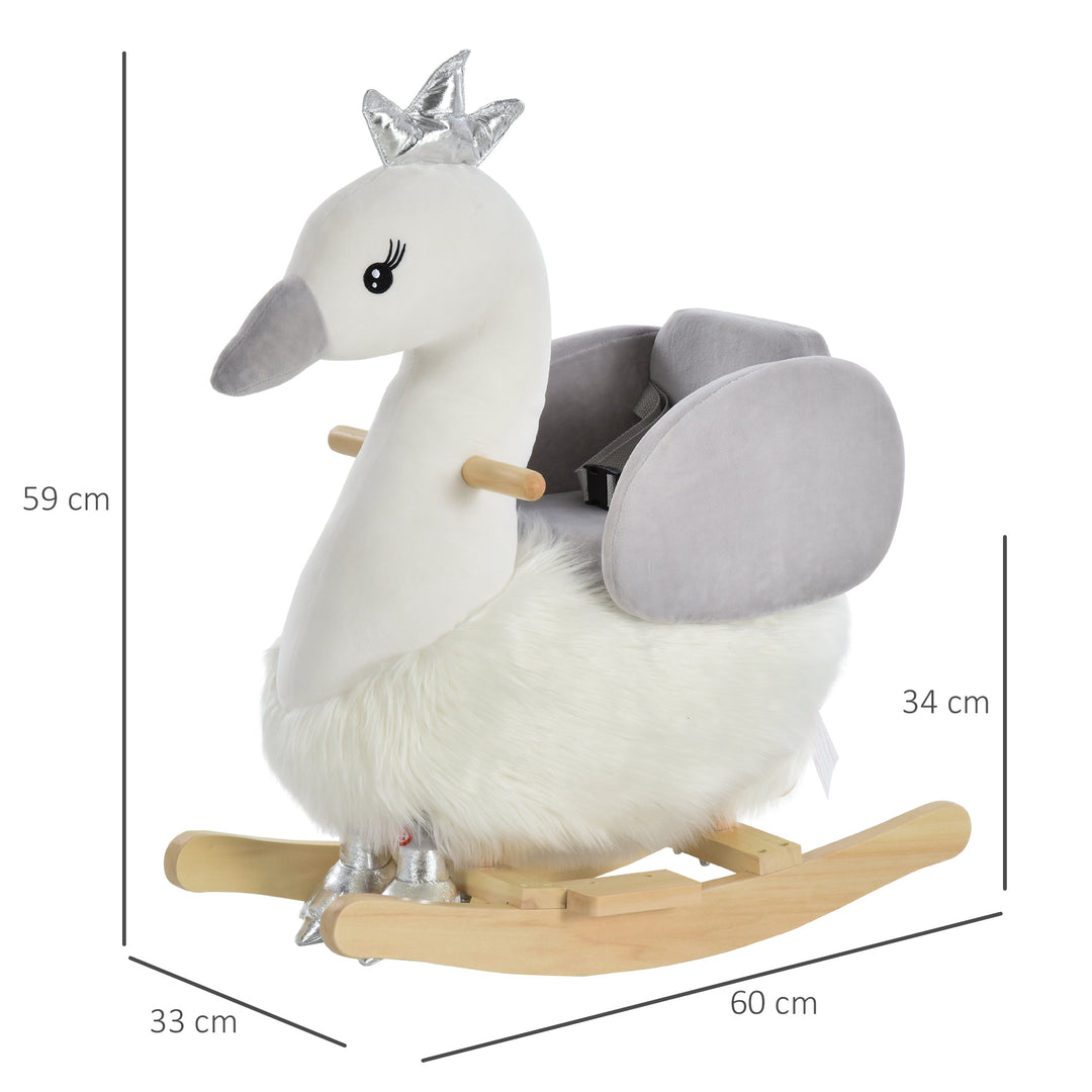 MCL Kids Rocking Horse, Children Plush Ride On Swan Animal Rocker w/ Sound, Wood Base Seat, Safety Belt, Baby Toy Rocker for Toddler 18 - 36 Months, White and Grey