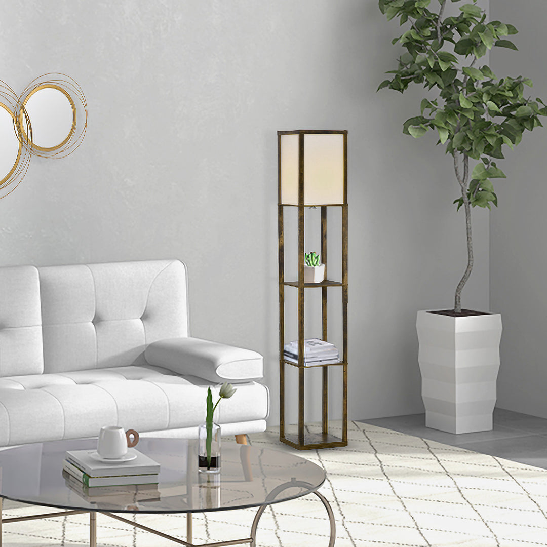 3-Tier Floor Lamp, Floor Light with Storage Shelf, Reading Standing Lamp with Acrylic Shade for Living Room, Bedroom, Kitchen, Dining Room, Office, Dorm, 160cm, Brown