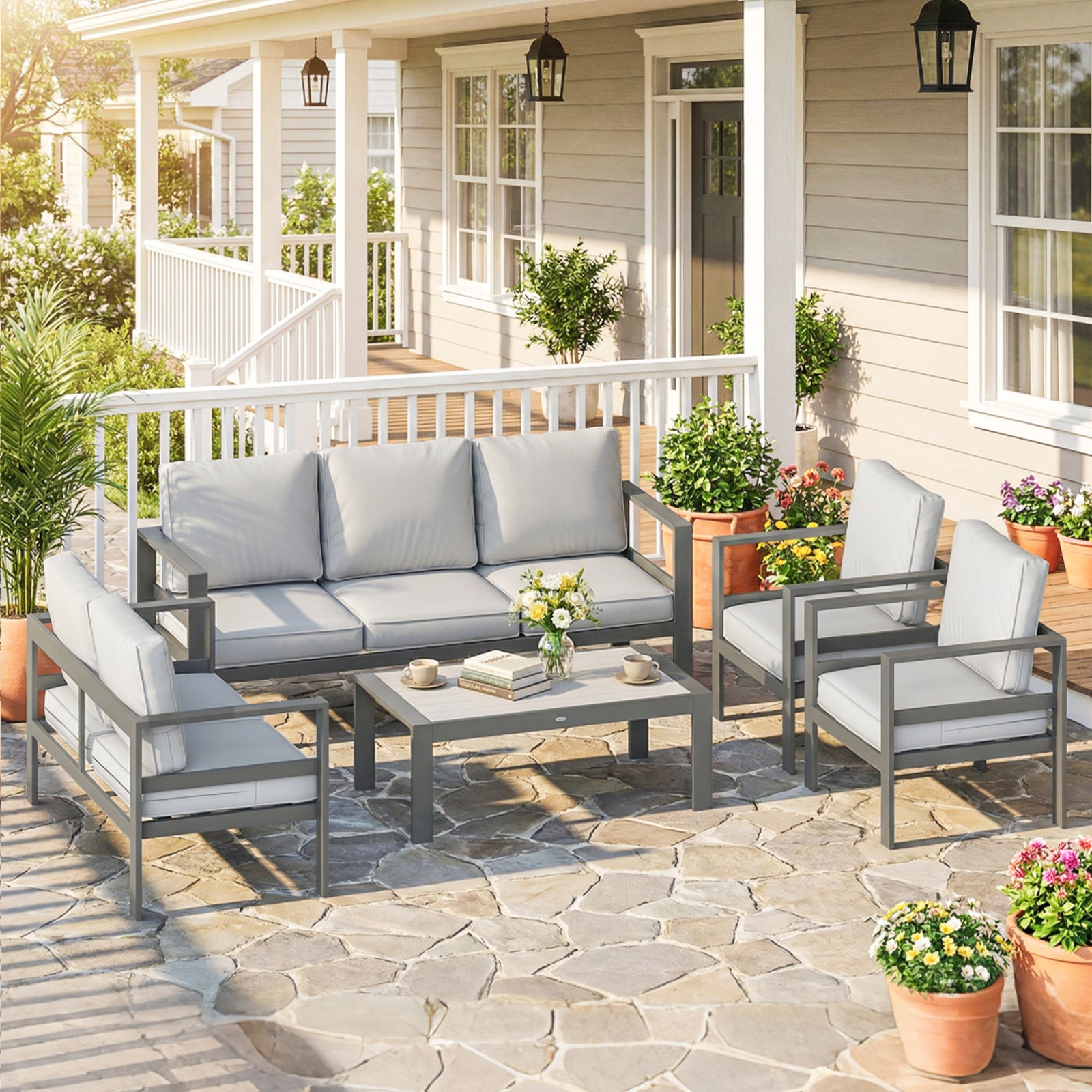 5 Pieces Aluminium Garden Furniture Set with Olefin Cushions, Extra De