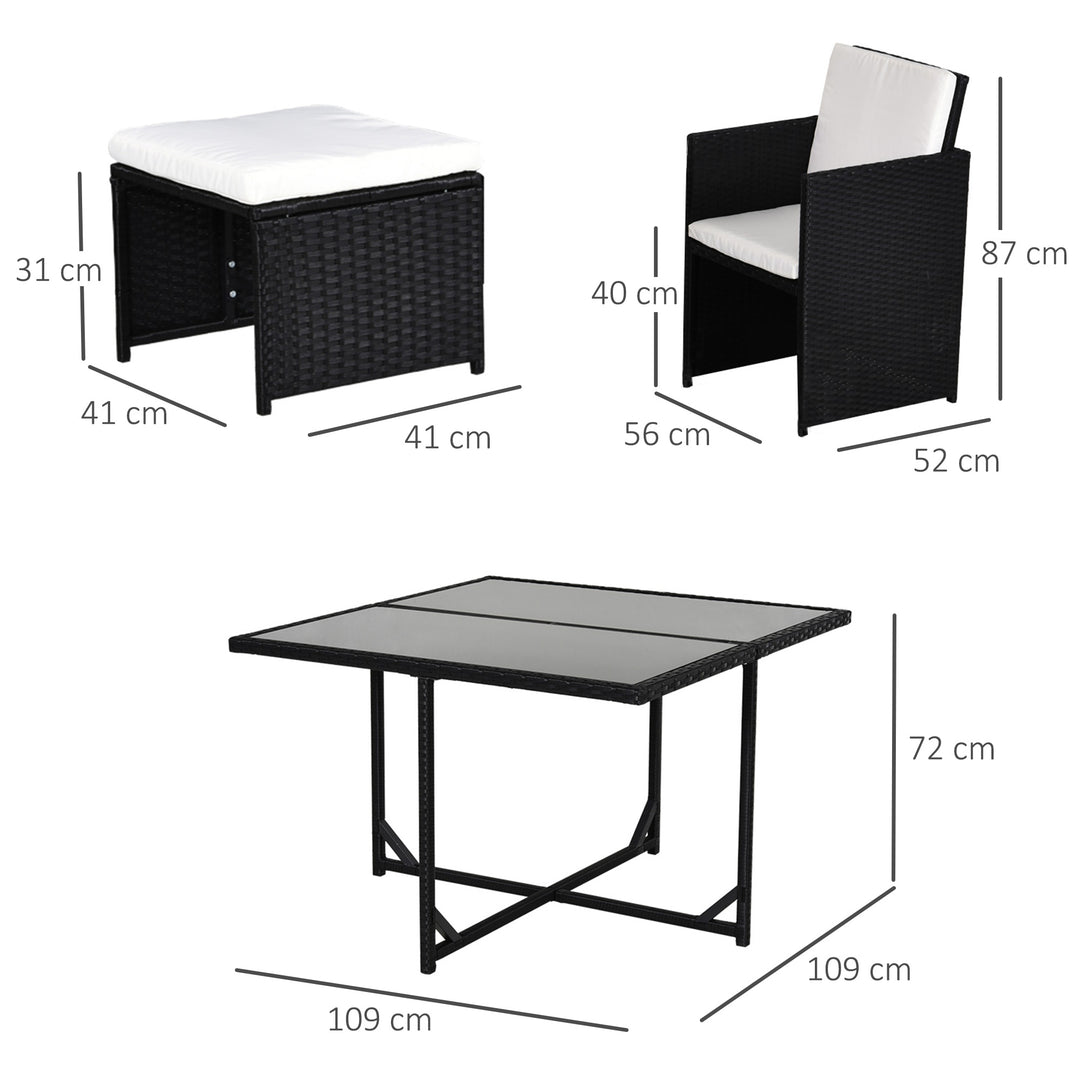 8 Seater Rattan Cube Garden Furniture Set, Rattan Dining Set with Cushions, Outdoor Dining Table and Chairs with 4 Armchairs, 4 Stools, Square Glass Top Table, Black