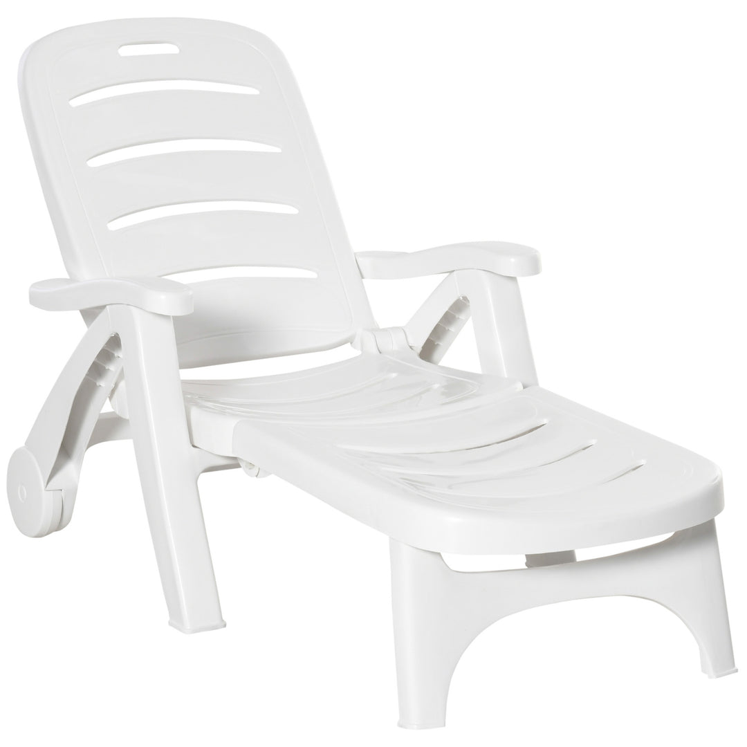MCL Outdoor Folding Sun Lounger Recliner on Wheels w/ 5-Position Backrest, White