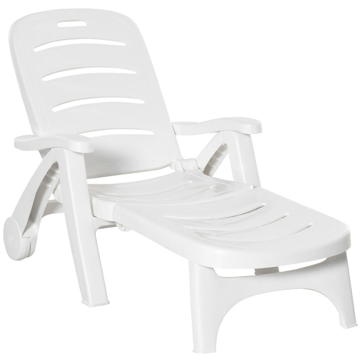 MCL Outdoor Folding Sun Lounger Recliner on Wheels w/ 5-Position Backrest, White