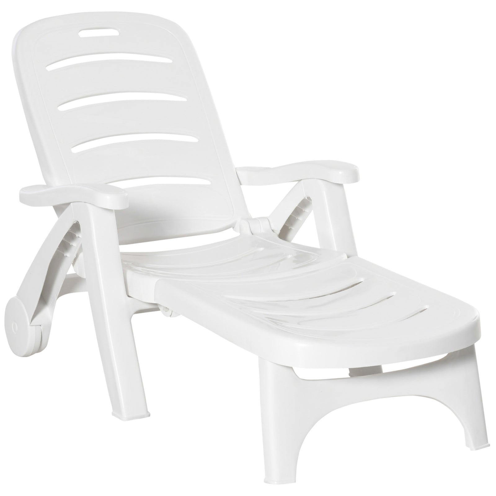 Outdoor Folding Sun Lounger Recliner on Wheels w/ 5-Position Backrest, White