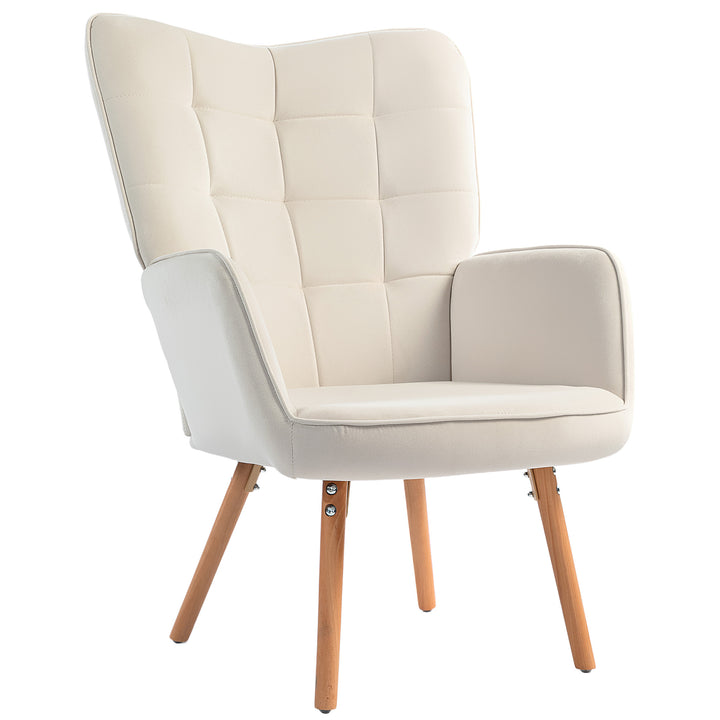 HOMCOM Modern Accent Chair Velvet-Touch Tufted Wingback Armchair Upholstered Leisure Lounge Sofa Club Chair with Wood Legs, Cream White