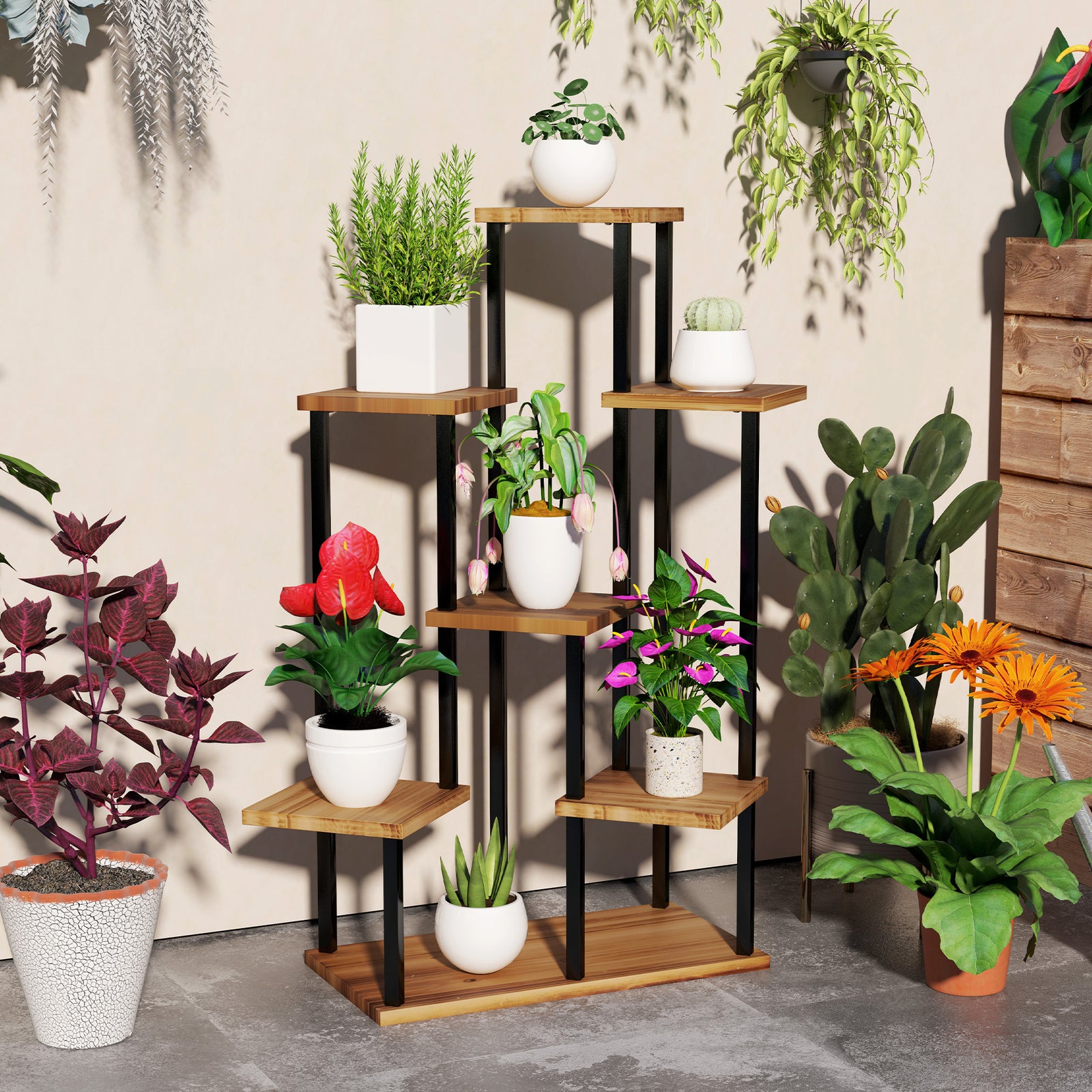 Seven Wooden Shelf Plant Stand