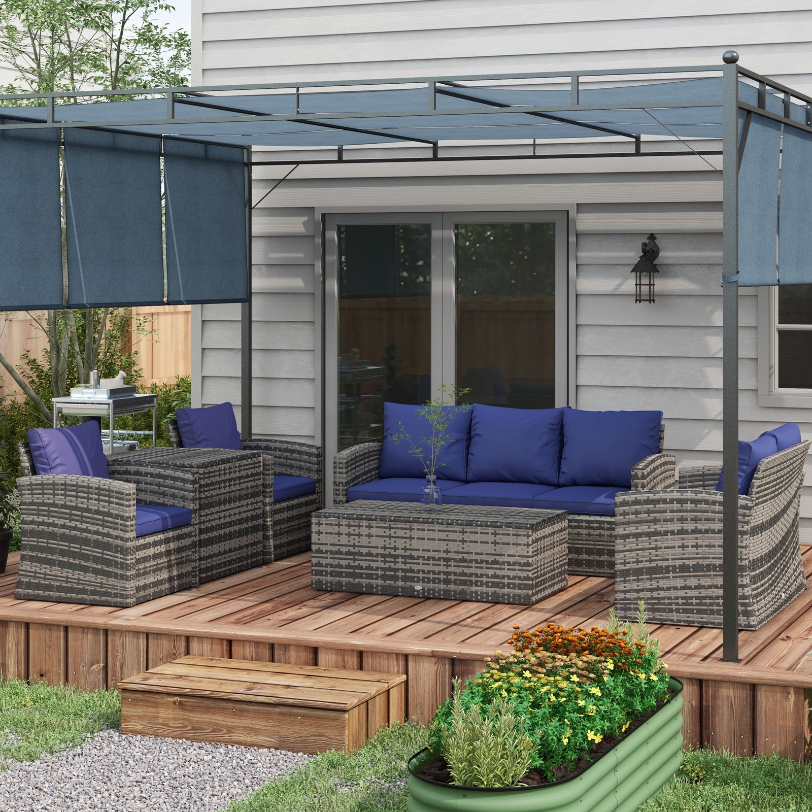 6 Pieces Rattan Garden Furniture Set, 7 Seater Wicker Outdoor Furniture Set with Storage Tea Table & Side Table, Sectional Garden Sofa Set with Cushions, Navy Blue