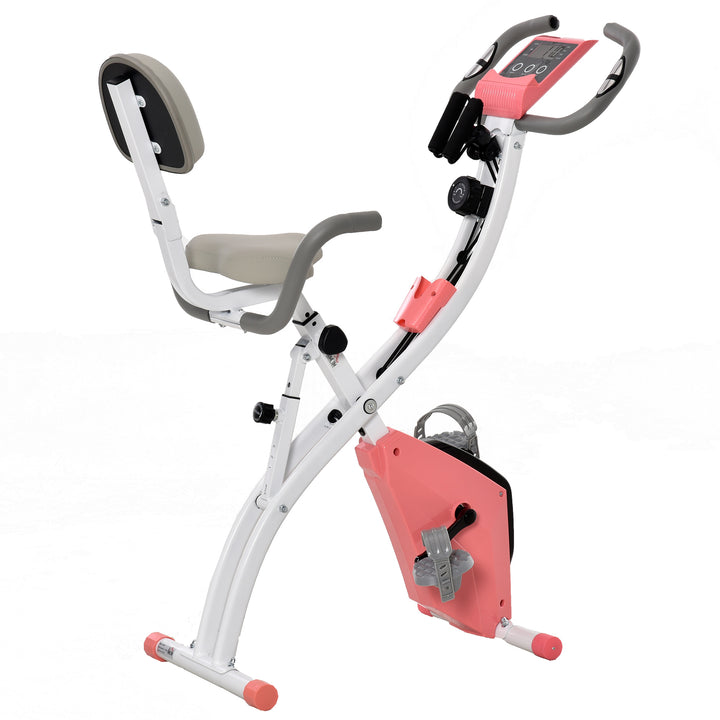 HOMCOM 2-in-1 Upright Exercise Bike Stationary Foldable Magnetic Recumbent Cycling with Arm Resistance Bands Pink | Aosom UK