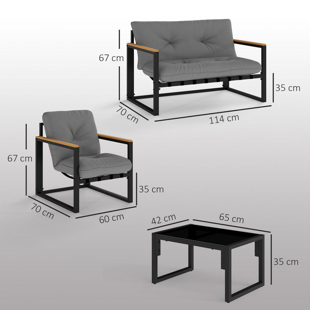 Garden Furniture Set, 4 Piece Indoor Outdoor Conservatory with Loveseat Sofa, Armchairs, Glass Top Coffee Table, Cushions for Balcony, Poolside, Patio, Light Grey