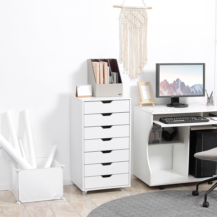 Seven-Drawer Filing Cabinet, with Wheels - White