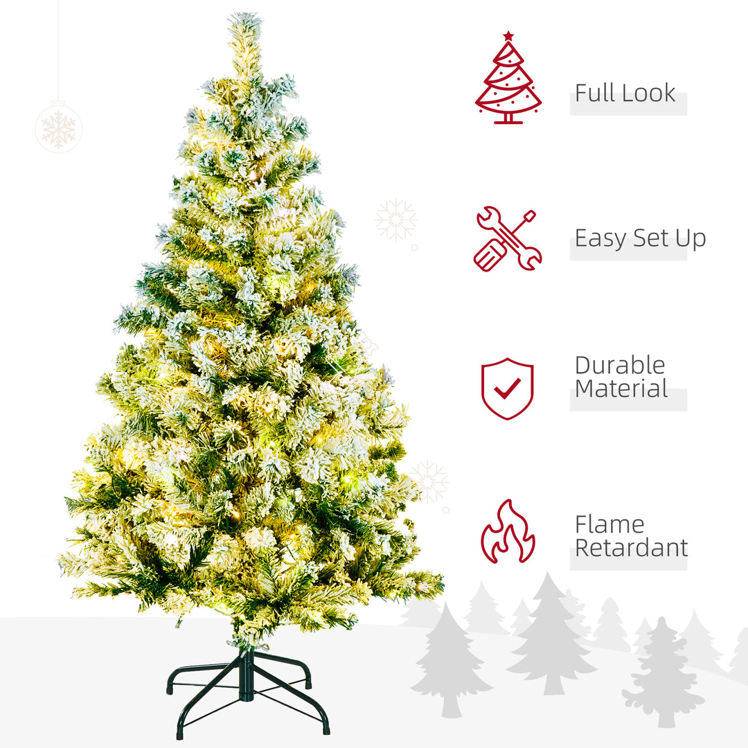 HOMCOM 4.5' Artificial Snow Christmas Trees with Frosted Branches, Warm White or Colourful LED Lights, Steel Base | Aosom UK