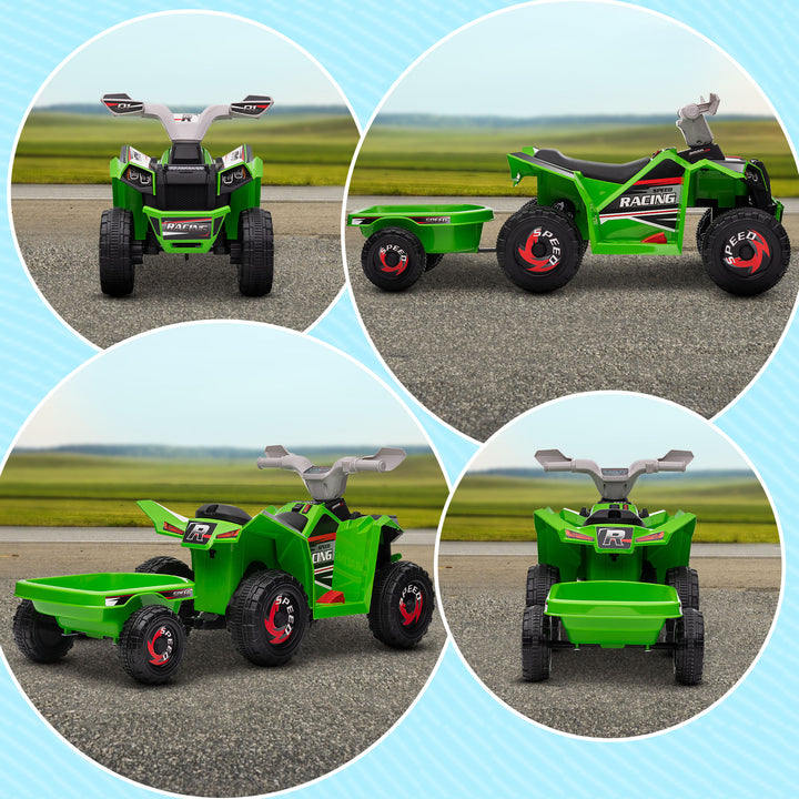 6V Quad Bike with Back Trailer, Wear-Resistant Wheels, for Ages 18-36 Months, Green