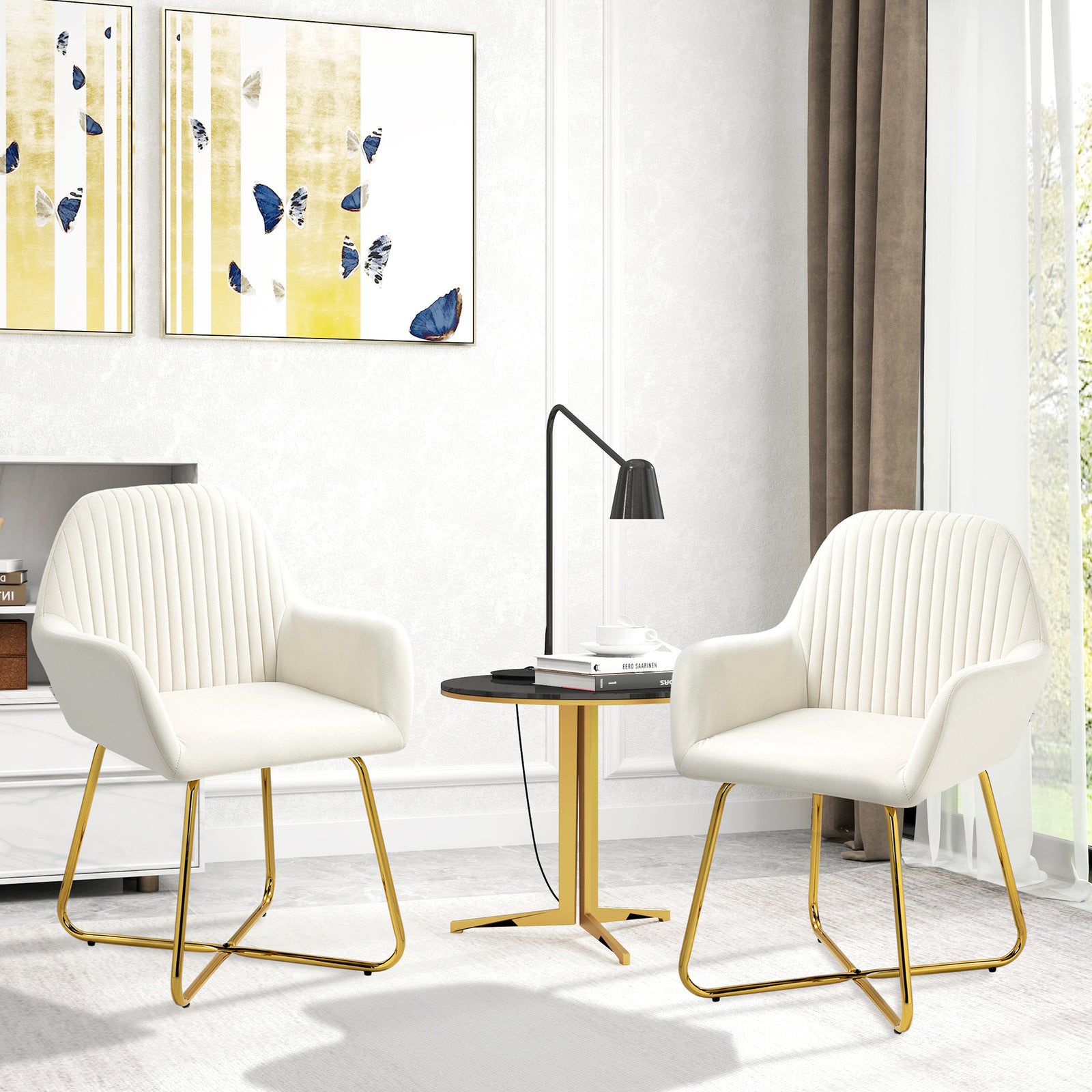 Modern Arm Chair Set of 2 Upholstered Accent Chair with Metal Base for Living Room Cream White