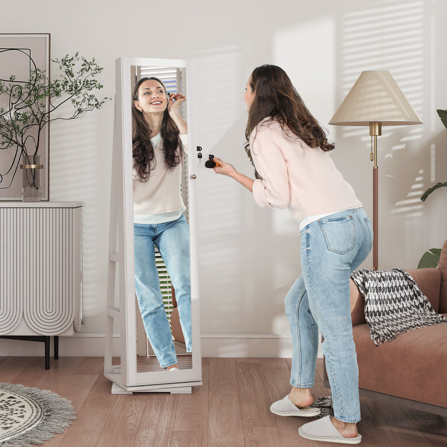 360° Swivel Jewellery Cabinet, Free Standing Full Length Mirror with Storage, Lockable Jewellery Organiser with Built-in Makeup Mirror and Storage Shelves for Bedroom, White