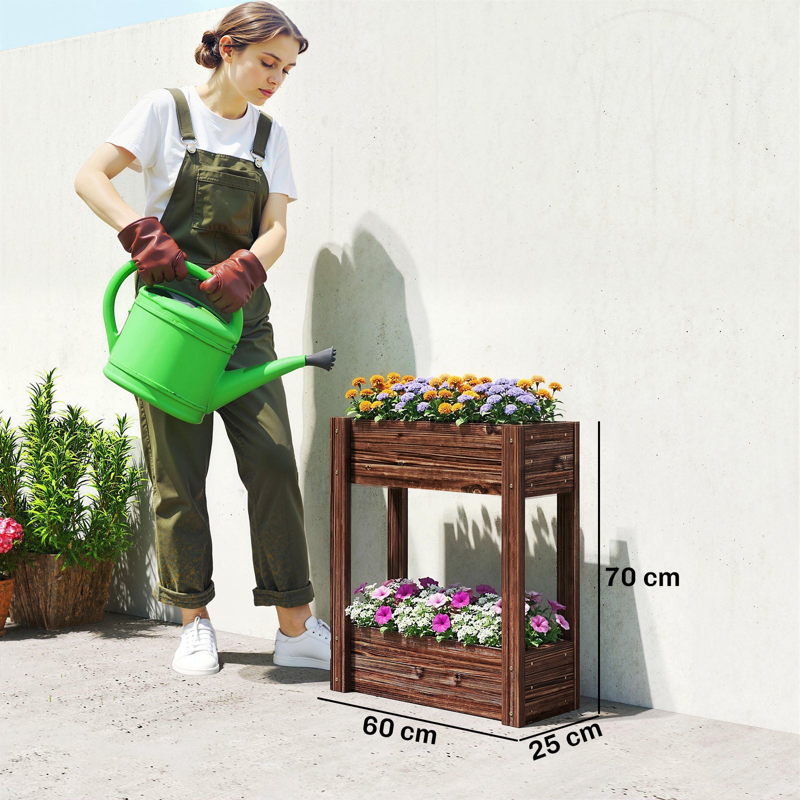 2-Tier Wooden Raised Planter, Raised Garden Bed on Legs with Drainage 