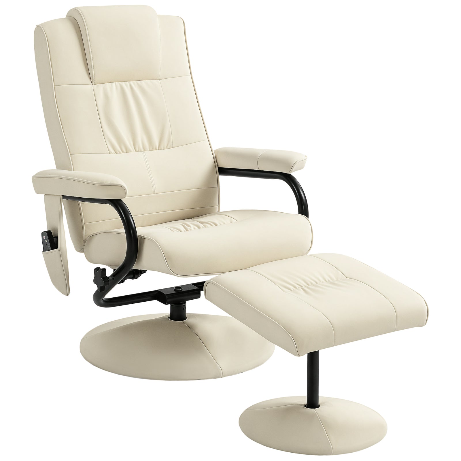 Swivel Recliner Chair and Footstool, Faux Leather Massage Recliner Armchair with Remote Control and Round Wrapped Base, Cream White