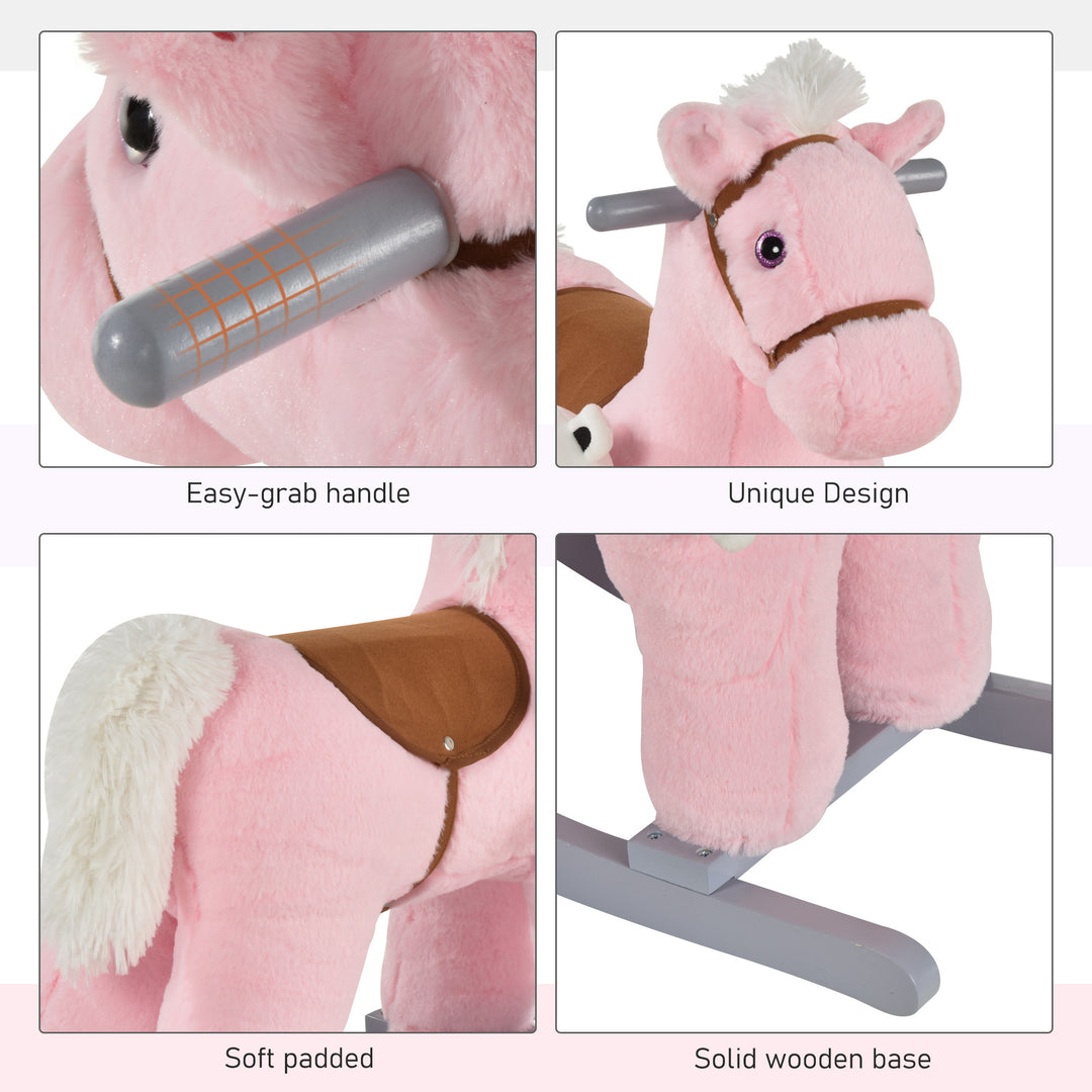 HOMCOM Plush Children's Rocking Horse Toy with Realistic Sounds, Soft Ride-On for Toddlers 18-36 Months, Pink | Aosom UK