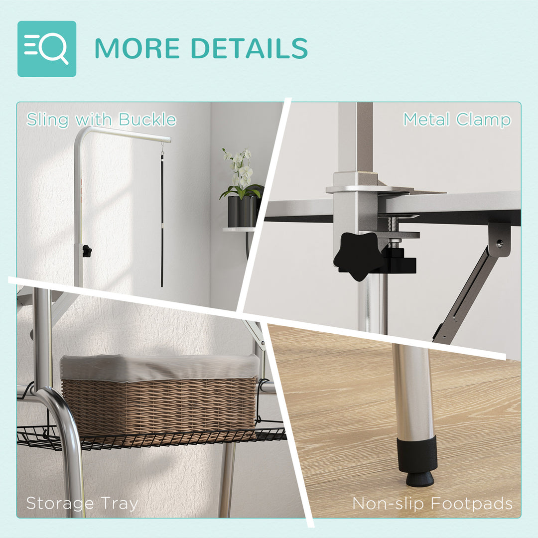 Foldable Dog Grooming Table Pet Drying Table with Adjustable Arm Non-Slip Rubber Tabletop Aluminium Alloy Edge Stainless Steel Bar Sling 94.5 x 55 x 81cm Black