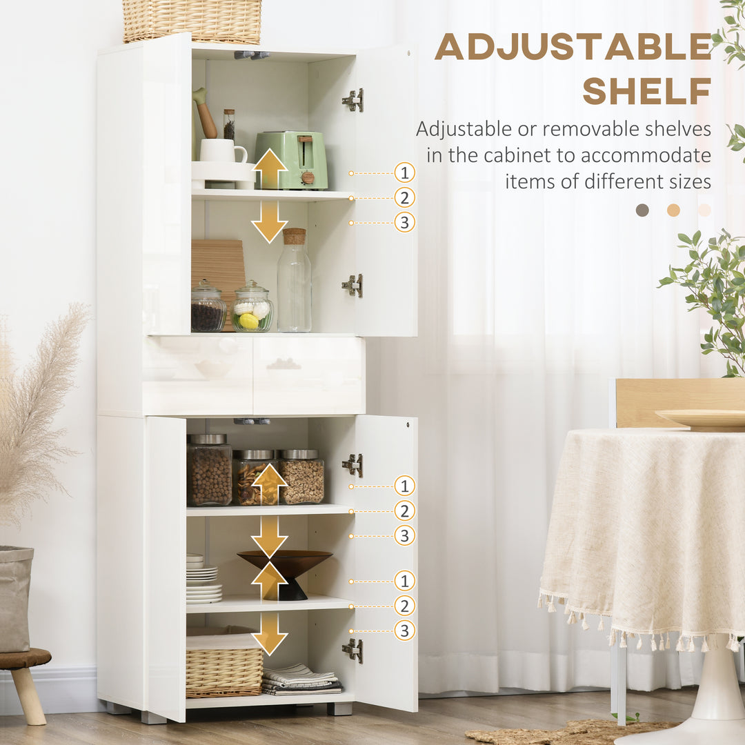 4-Door Kitchen Cupboard, Tall Freestanding 5-Tier Storage Cabinet with 3 Adjustable Shelves, 2 Drawers for Living Room, Dining Room, Push to Open Design, High Gloss White