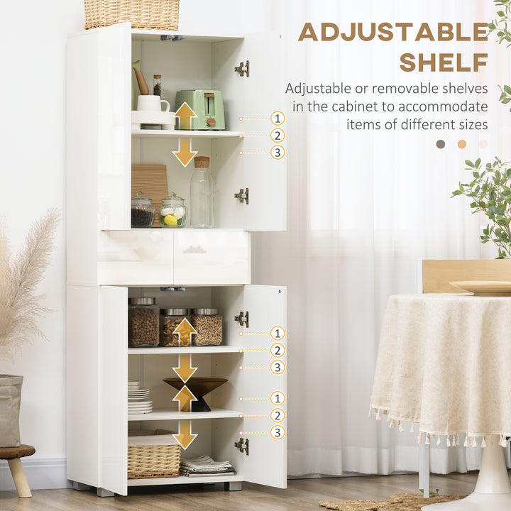 4-Door Kitchen Cupboard, Tall Freestanding 5-Tier Storage Cabinet with 3 Adjustable Shelves, 2 Drawers for Living Room, Dining Room, Push to Open Design, High Gloss White