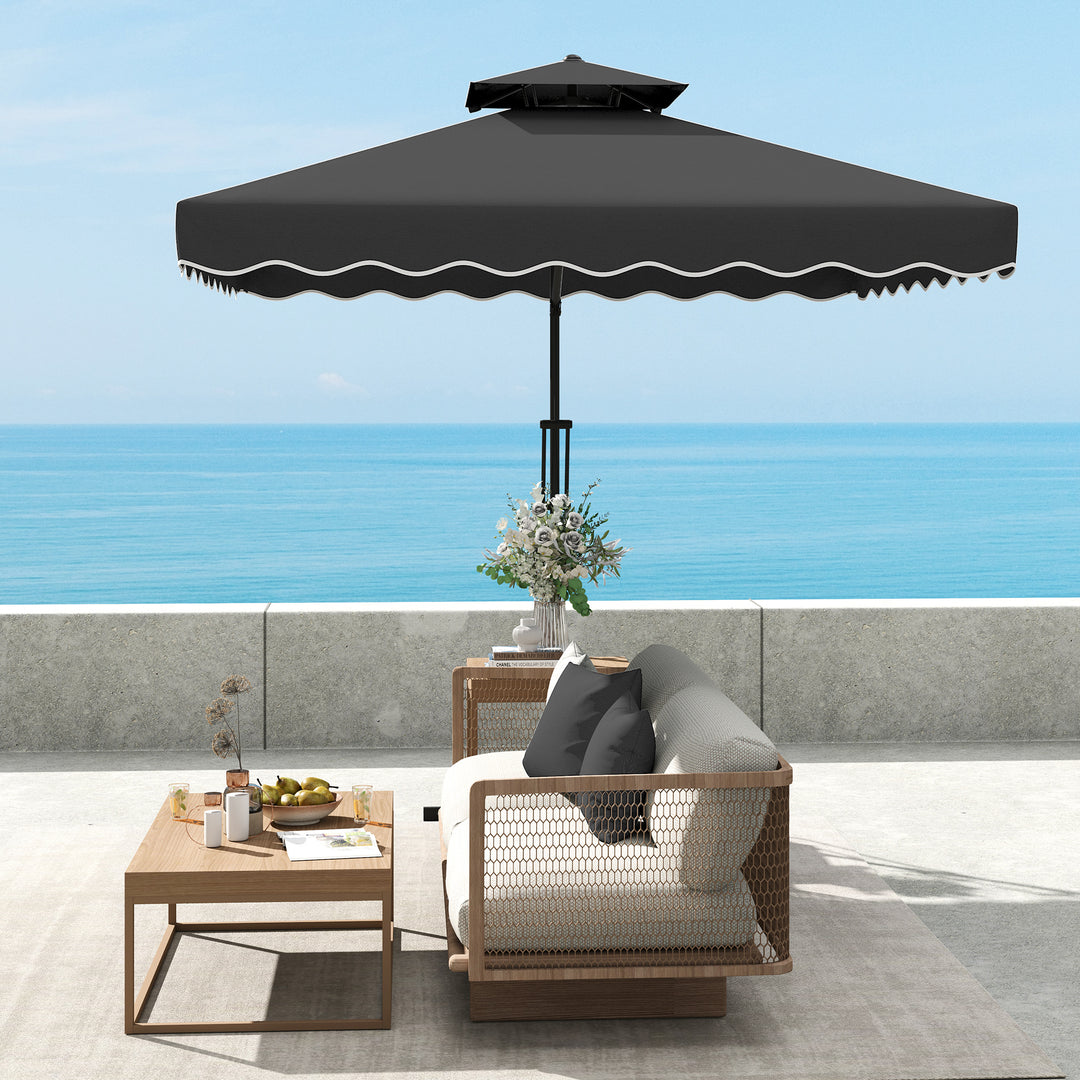 2.5m Cantilever Parasol with Easy Lever, Square Double Top Garden Parasol Umbrella with Ruffles and Cross Base, Overhanging Outdoor Sun Shades, Black