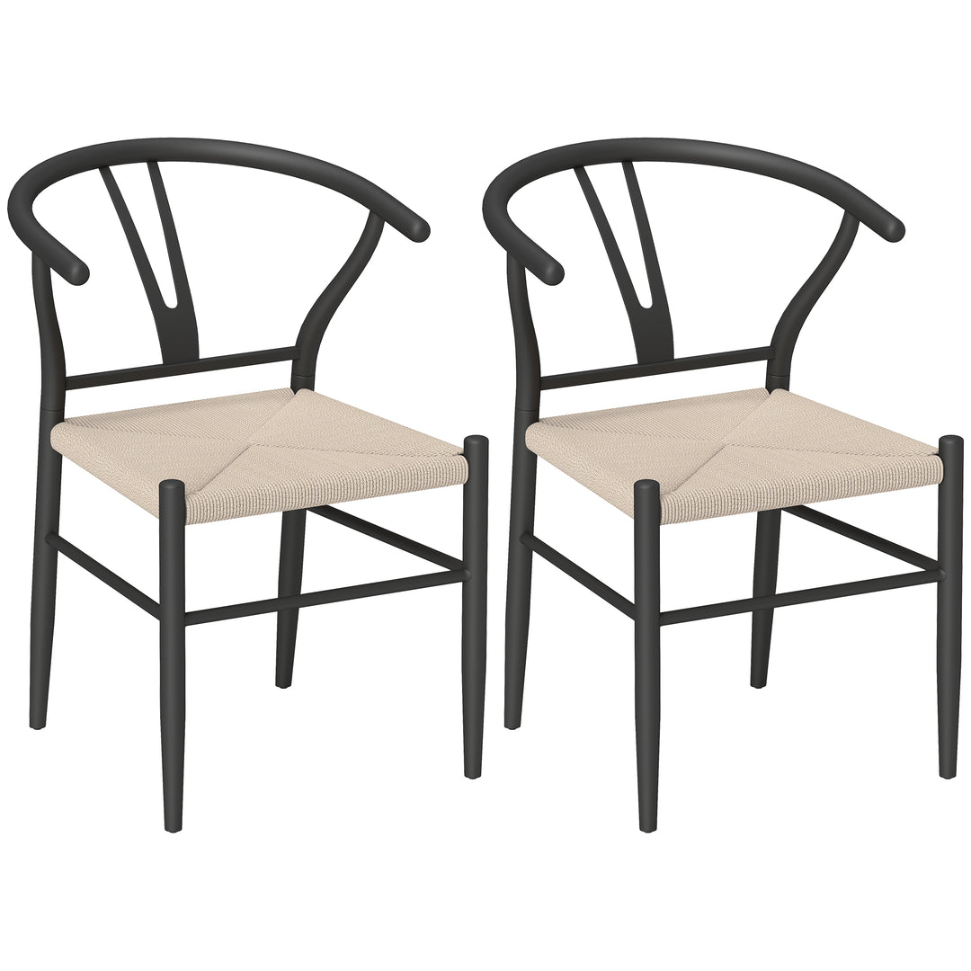 Set of Two Weave Dining Chairs with Y-Shaped Backrest Hemp Seat - Black/Beige