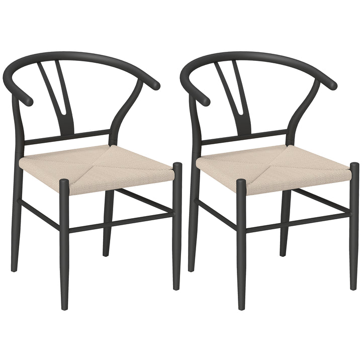 Set of Two Weave Dining Chairs with Y-Shaped Backrest Hemp Seat - Black/Beige