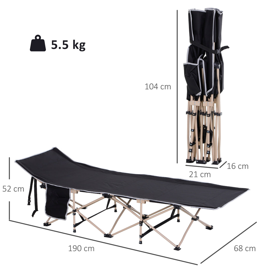 MCL Single Person Camping Bed Folding Cot Outdoor Patio Portable Military Sleeping Bed Travel Guest Leisure Fishing with Side Pocket and Carry Bag - Black