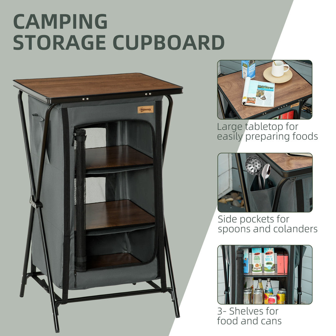 Camping Cupboard, Aluminium Foldable Camping Kitchen Station Cook Table with Storage Shelves and Carrying Bag for BBQ Party Picnic Backyard
