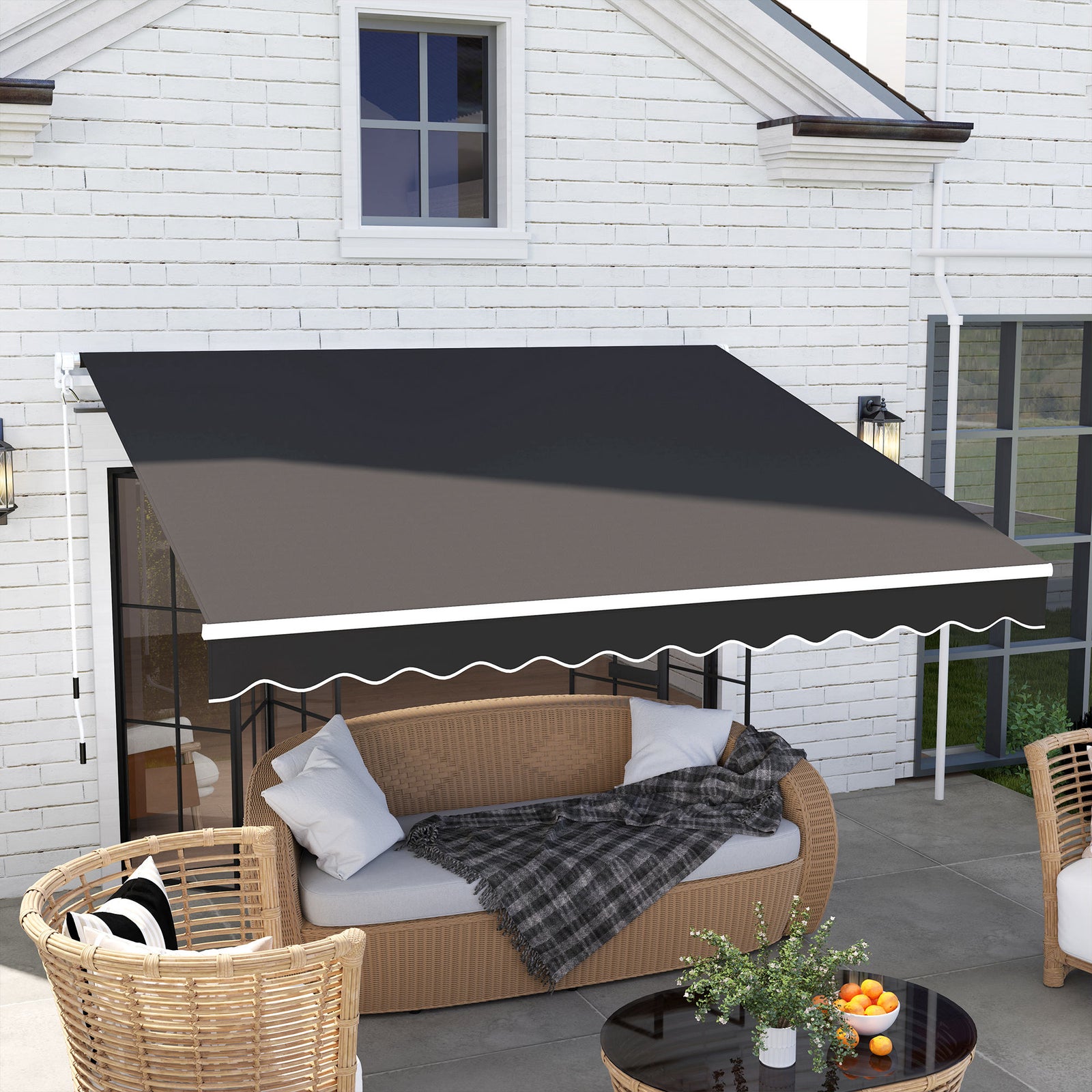 3 x 2.5m Garden Patio Manual Awning, Retractable Canopy Sun Shade Shelter with Fittings and Crank Handle, Black