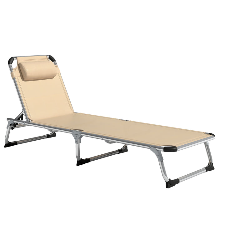 Foldable Outdoor Sun Lounger, Reclining Lounge Chair Camping Bed Cot with Pillow 4-Level Adjustable Back Aluminium Frame, Khaki