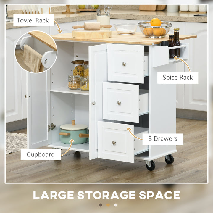 Kitchen Island with Drop Leaf, Rolling Kitchen Storage Trolley on Wheels with 3 Drawers, Spice Rack and Towel Rack, Storage Cart with Rubber Wood Top, White
