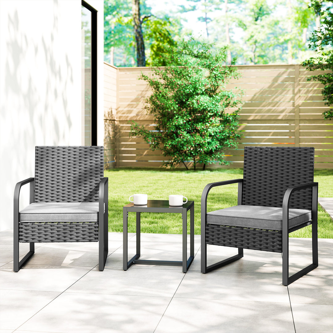 Rattan Bistro Set, 3 Piece Garden Furniture Set with Cushions and Glas