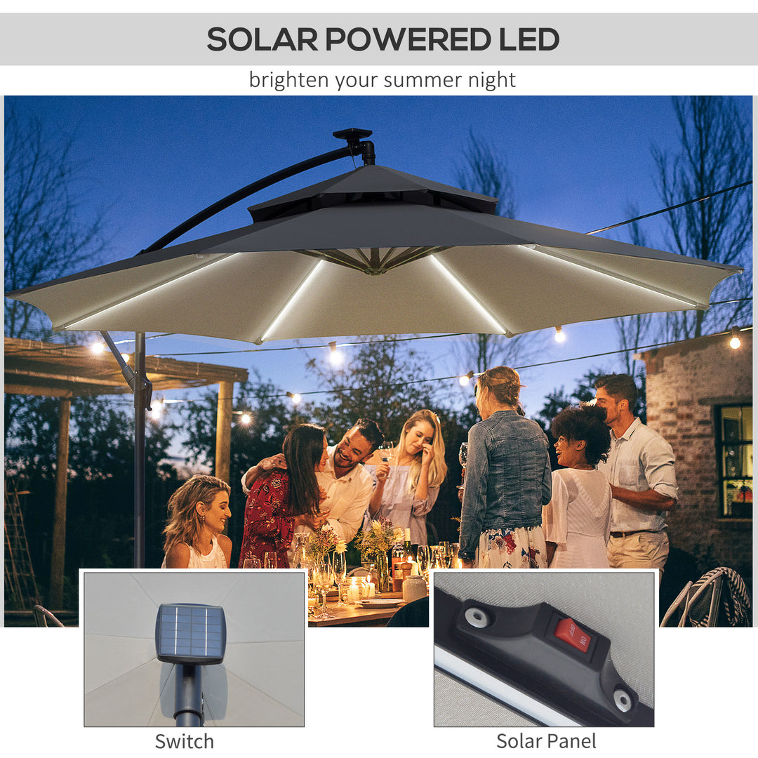Outsunny 3(m) Cantilever Banana Parasol Hanging Umbrella with Double Roof, LED Solar lights, Crank, 8 Sturdy Ribs and Cross Base for Outdoor, Garden