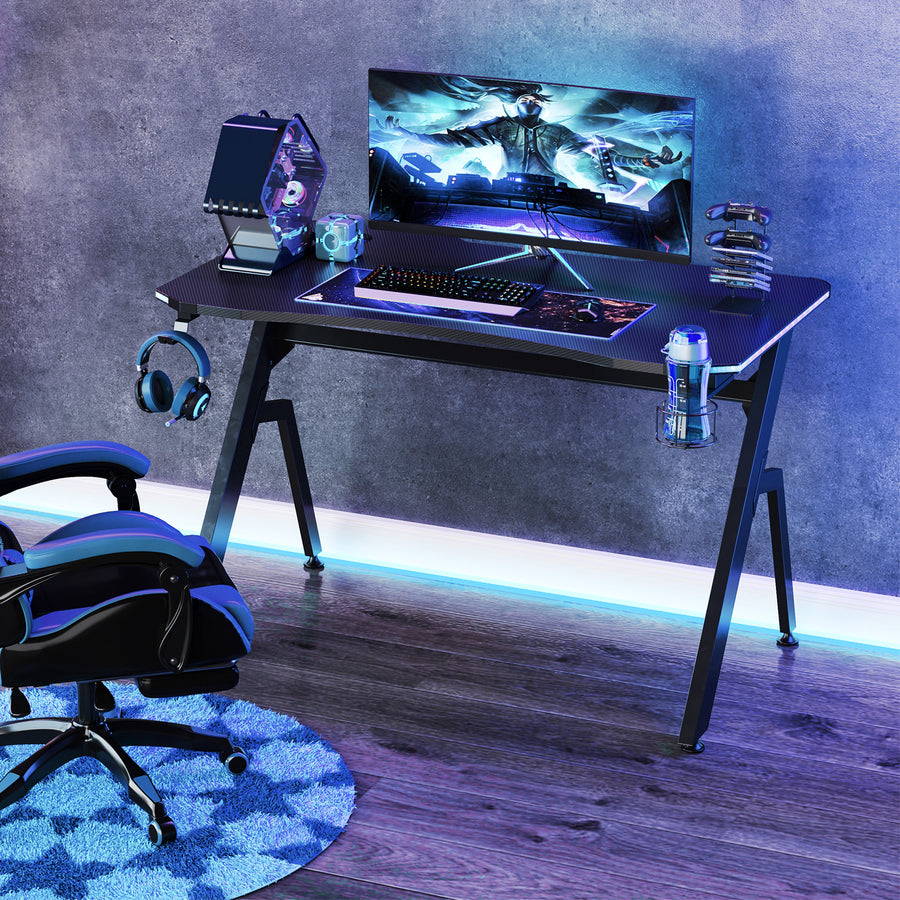 RGB 120 x 66cm Gaming Desk, Computer Table with Carbon Fibre Surface, Headphone Hook, Cup Holder, Controller Rack, Home Office Desk, Black