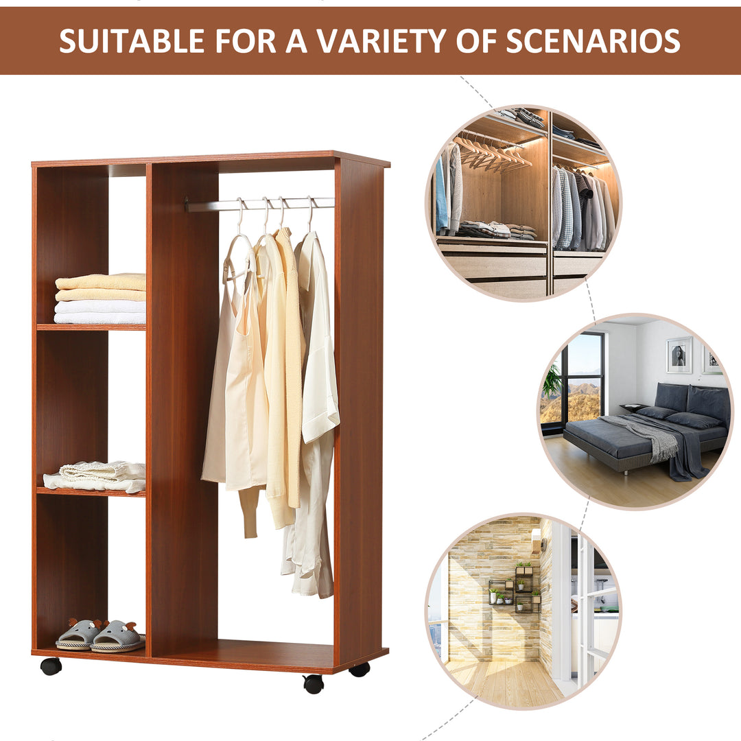 Open Wardrobe on Wheels, Bedroom Wardrobe with Clothes Hanging Rail, 3 Storage Shelves, Mobile Garment Rack for Cloakroom, Hallway, Walnut