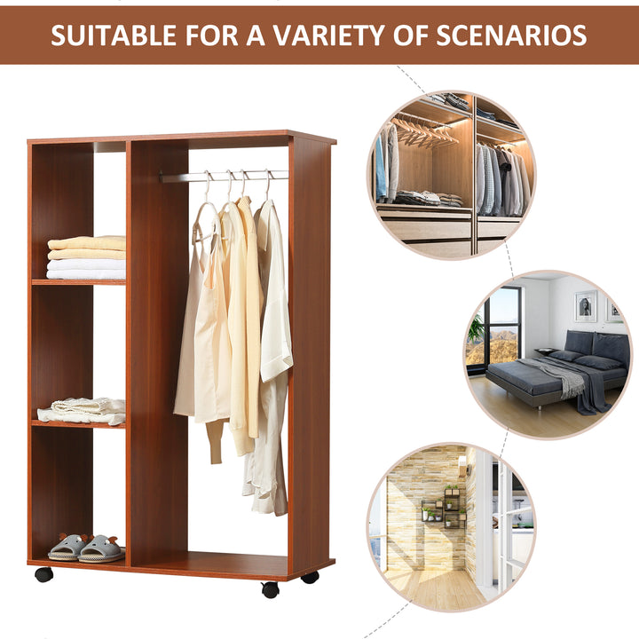 Open Wardrobe on Wheels, Bedroom Wardrobe with Clothes Hanging Rail, 3 Storage Shelves, Mobile Garment Rack for Cloakroom, Hallway, Walnut